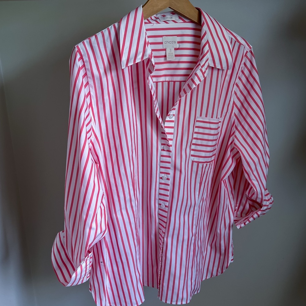 Chico's Striped Button-Up Shirt in Red and White